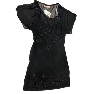 Black Beaded Chiffon Mini Dress Short Sleeve Forever21 Sheer Embroidered [XS]NWT